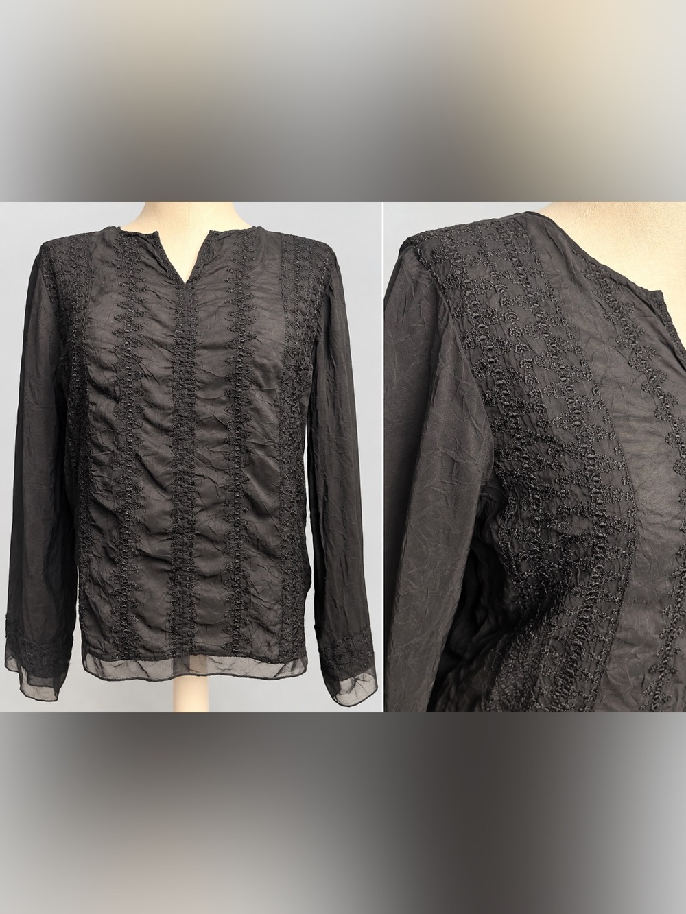 Y2K 2000s J. Jill Black Embroidered Sheer Long-Sleeve Lace Mesh Size Small